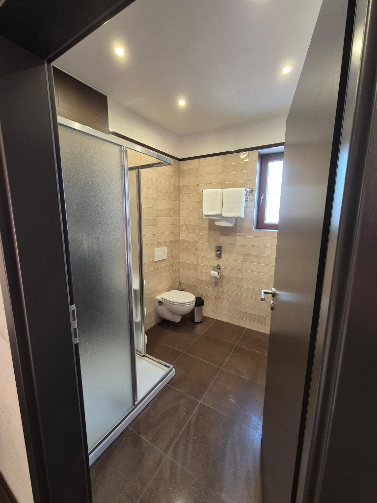 Frisch gereinigtes Hotelbadezimmer mit Glasdusche, WC und gefalteten Handtüchern